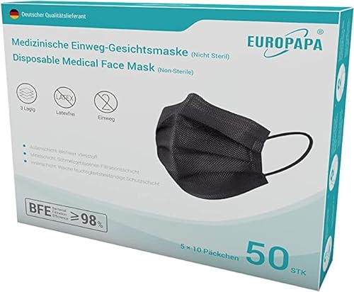 EUROPAPA® Schwarz Medizinisch Type IIR Norm EN14683 TÜV CE zertifizierte Mundschutzmasken OP Masken 3-lagig Mundschutz Gesichtsmaske Einwegmaske BFE ≥ 98%, 1 Box (50 Stück)  